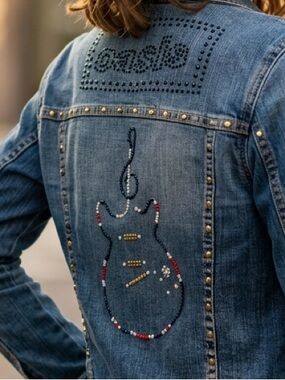 Oasis Band Crystal Logo & guitar on Jean Jacket with. Sleeve and back designs